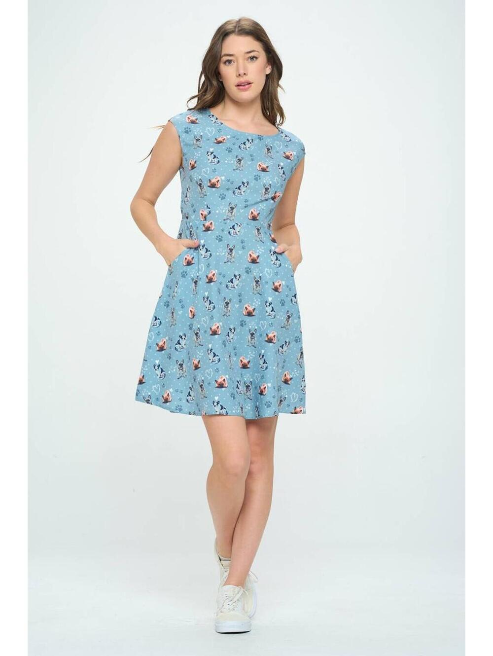Light Blue Floral Cap-Sleeve A-Line Dress